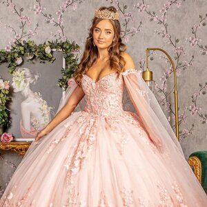 New Off Shoulder Blush Mesh Ball Gown w/ Floral Applique & Corset Bodice GL3110